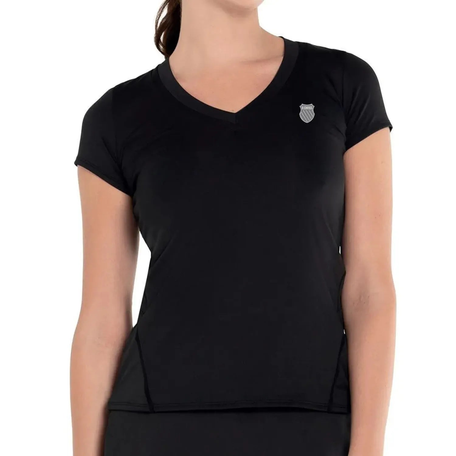 Women's Excel V-Neck Tennis Short Sleeve-Apparel-K-Swiss-107476-001_BLACK-L-Tennis Express