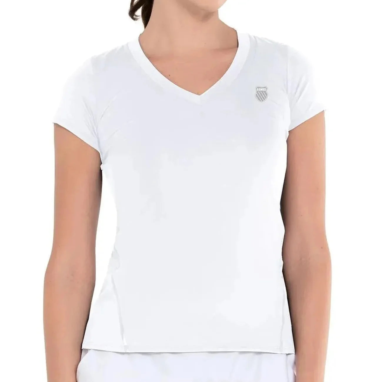 Women's Excel V-Neck Tennis Short Sleeve-Apparel-K-Swiss-107476-110_WHITE-L-Tennis Express