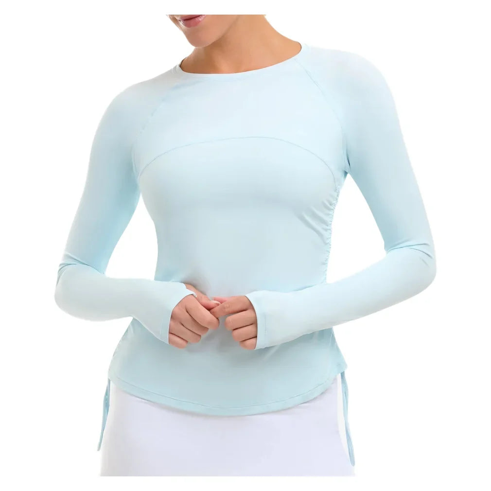 Women's Drawstring Long Sleeve Tennis Crew Ice Blue, BloqUV, Ice Blue, Tennis Express, 2006-IBLF26-ICE-BLUE-1