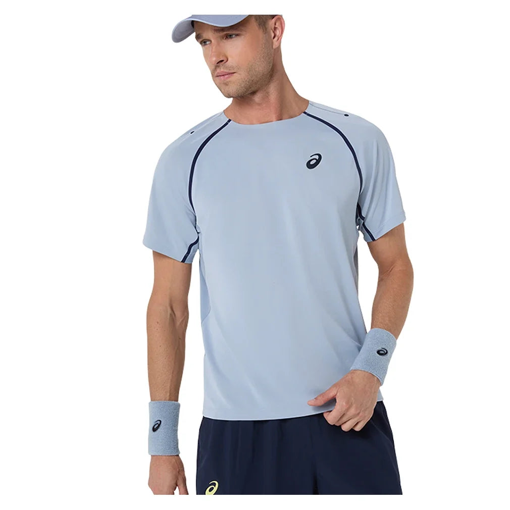 Men's Match Short Sleeve Tennis Top,Apparel,Asics,S,400_GREY_BLUE,Tennis Express,2041A392_400