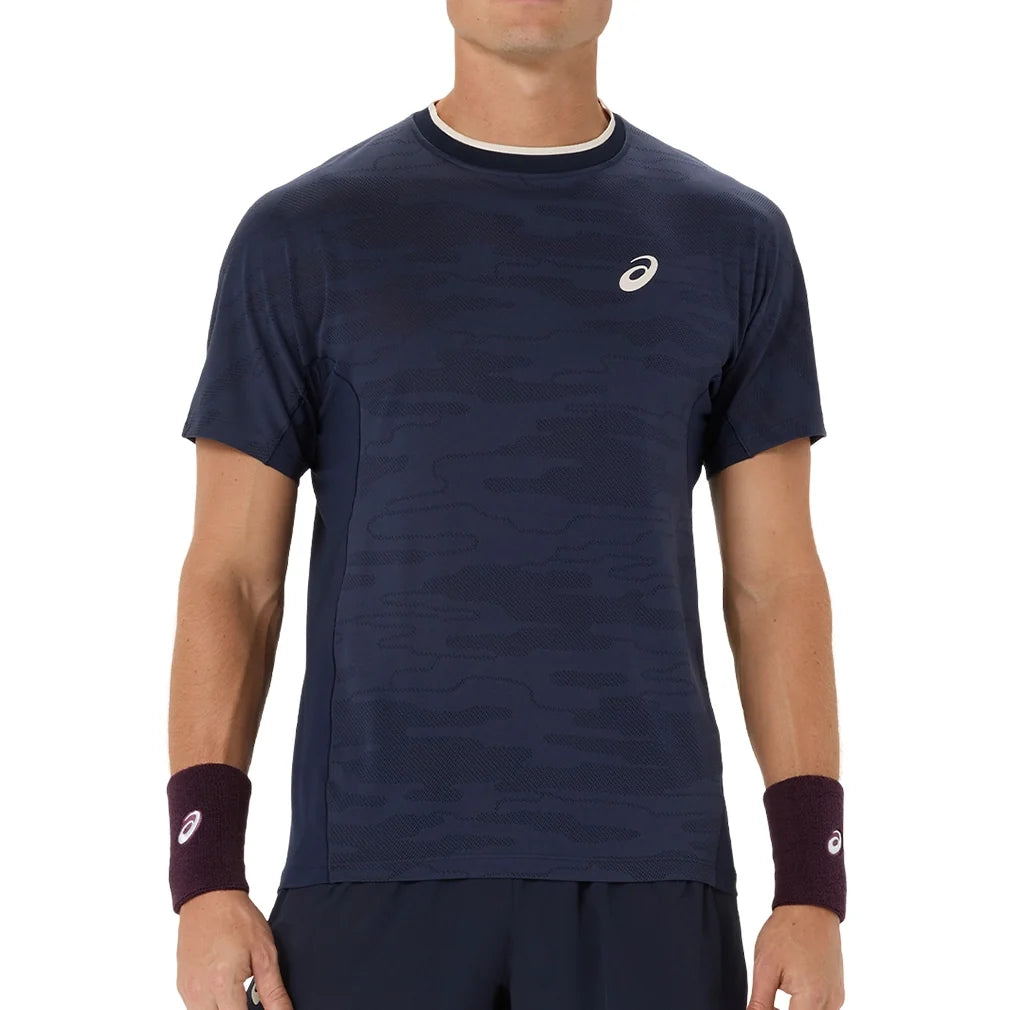 Men's Match Jacquard Short Sleeve Tennis Top,Apparel,Asics,400 Midnight,S,Tennis Express,2041A419_400