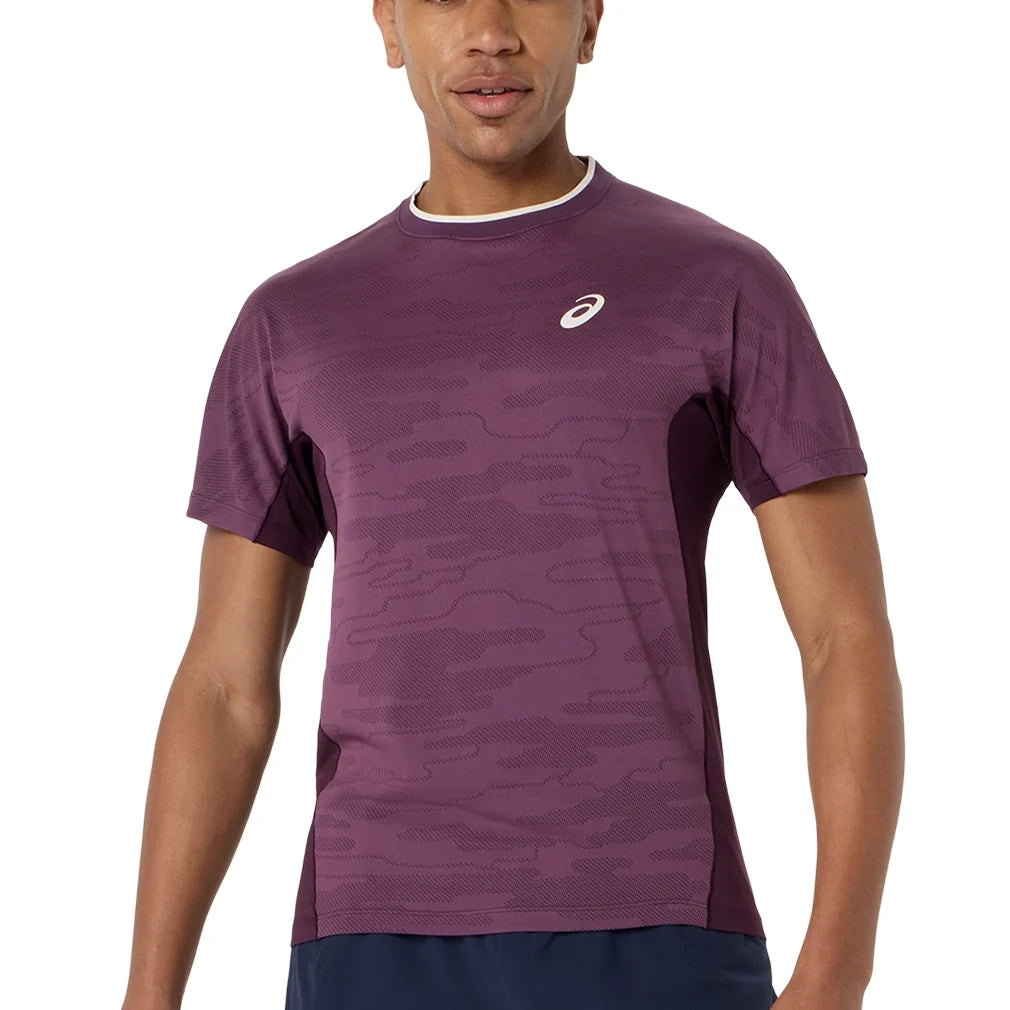 Men's Match Jacquard Short Sleeve Tennis Top,Apparel,Asics,500 Dark Aubergine,S,Tennis Express,2041A419_500