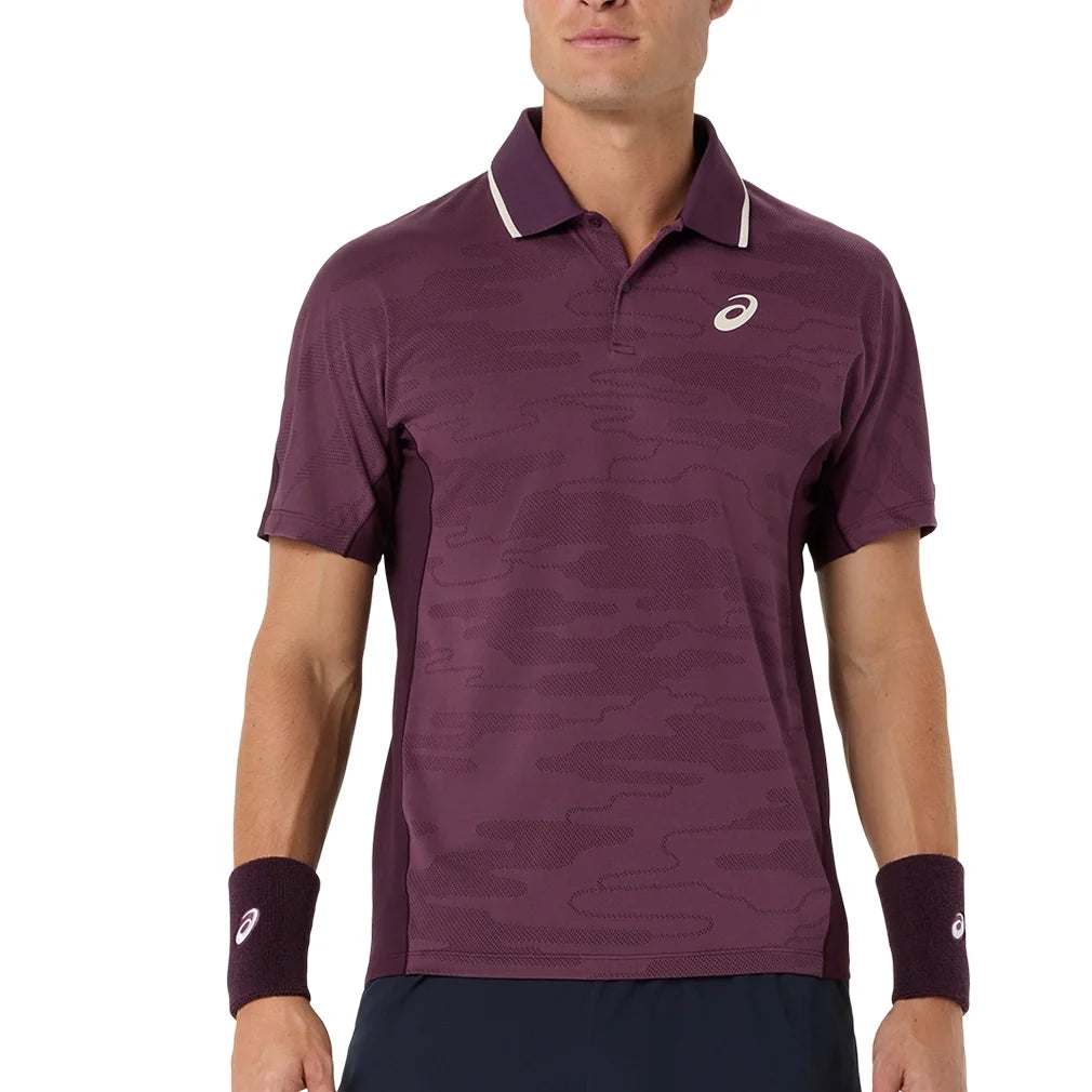 Men's Match Jacquard Short Sleeve Tennis Polo,Apparel,Asics,500 Dark Aubergine,S,Tennis Express,2041A420_500