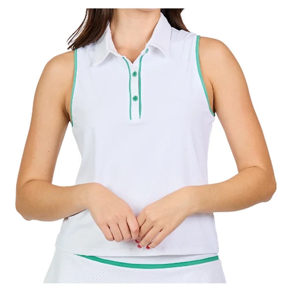 Women's Sleeveless Tennis Polo White and Alpine,Apparel,Sofibella,White/Alpine,XS,Tennis Express,2521ALW-WHT