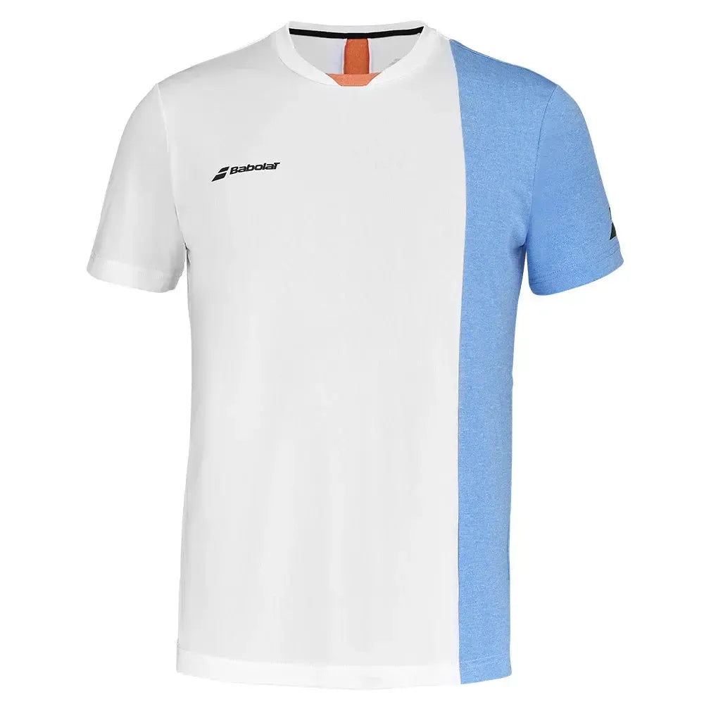 Boys' Play Crew Neck Tennis Top White and Blithe Blue Heather-Apparel-Babolat-3BTF011-1095U25-1-1-[Sku]-Tennis Express