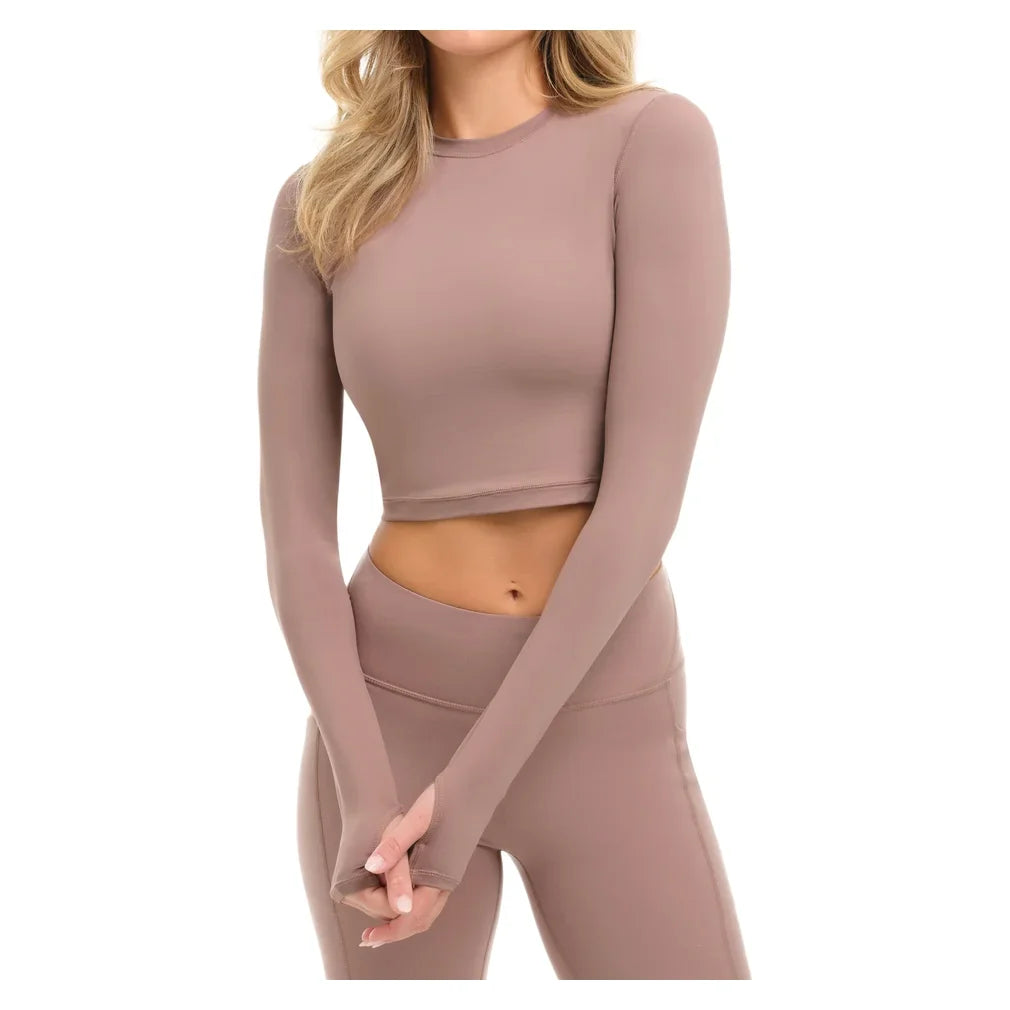 Women's Everyday Long Sleeve Crop Tennis Top Mocha, BloqUV, Tennis Express, 4015-MCHF26-1