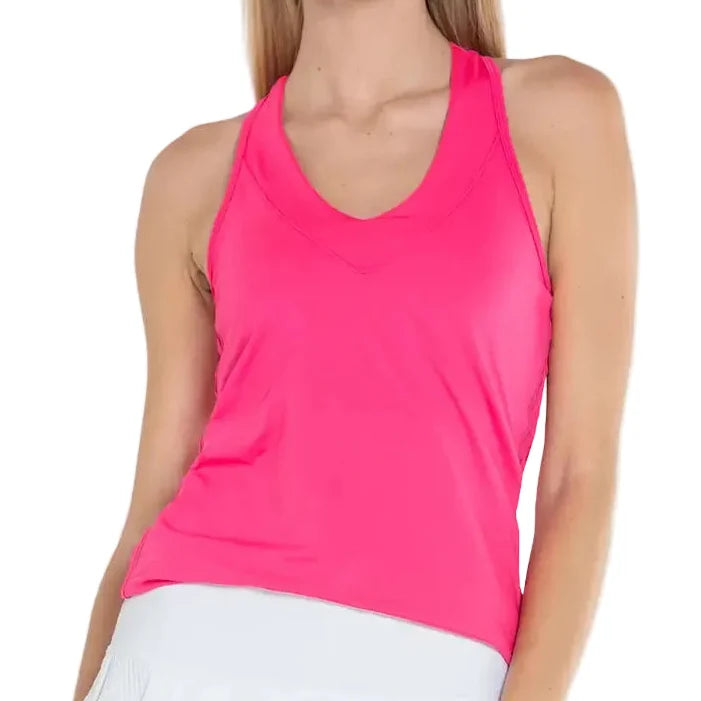 Women's V-Neck Tennis Tank with Bra-Apparel-Lucky In Love-645 Shocking Pink-XS, [current_file_name-Tennis Express