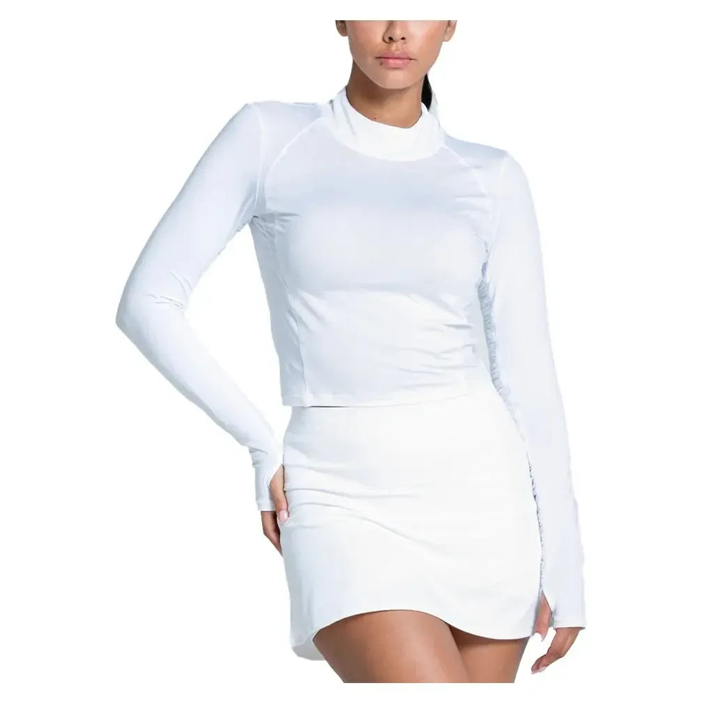 Women's Mock Neck Hip Fit Long Sleeve Tennis Top White-Apparel-Lucky In Love-CX073-110S25-2-Tennis Express