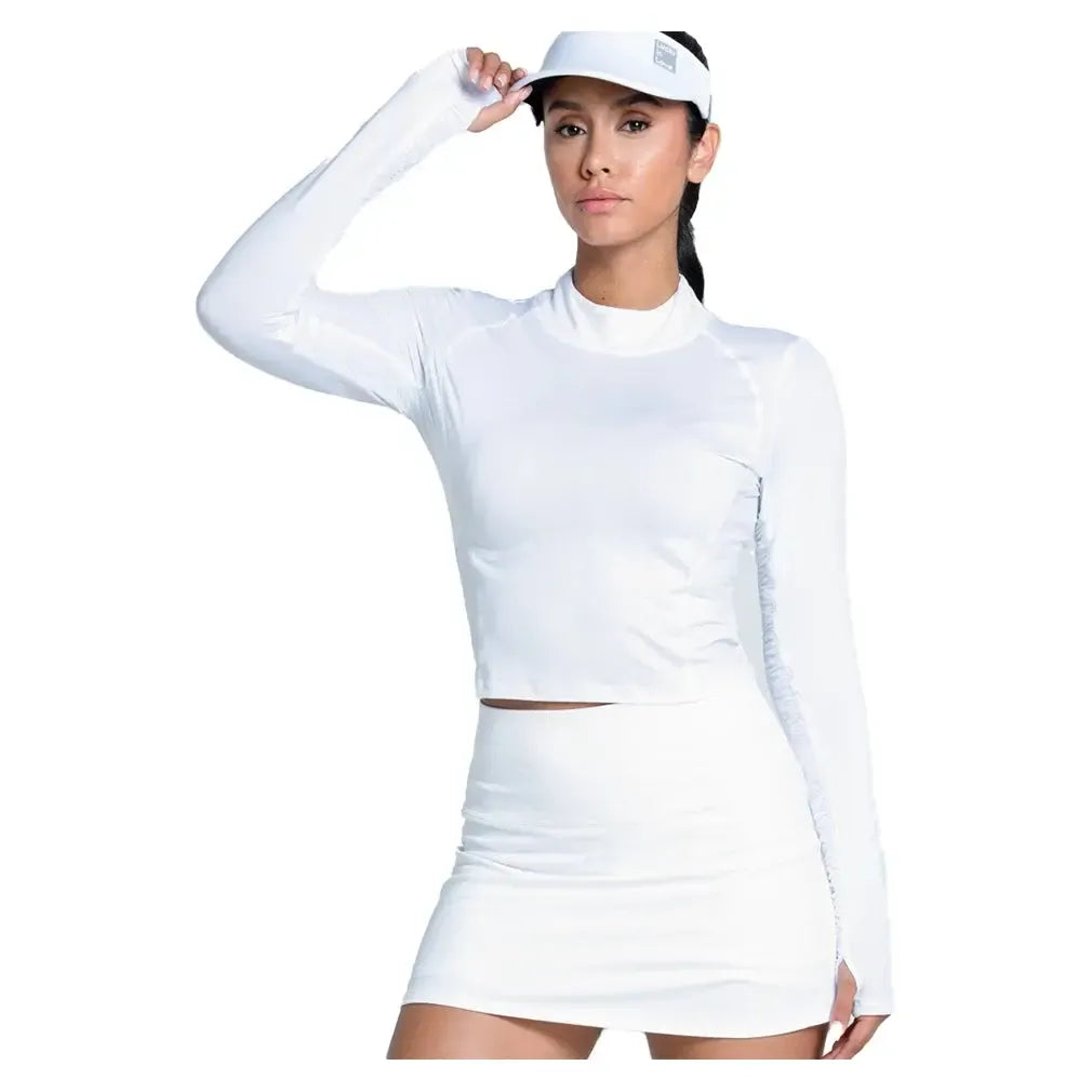 Women's Mock Neck Hip Fit Long Sleeve Tennis Top White-Apparel-Lucky In Love-CX073-110S25-Tennis Express