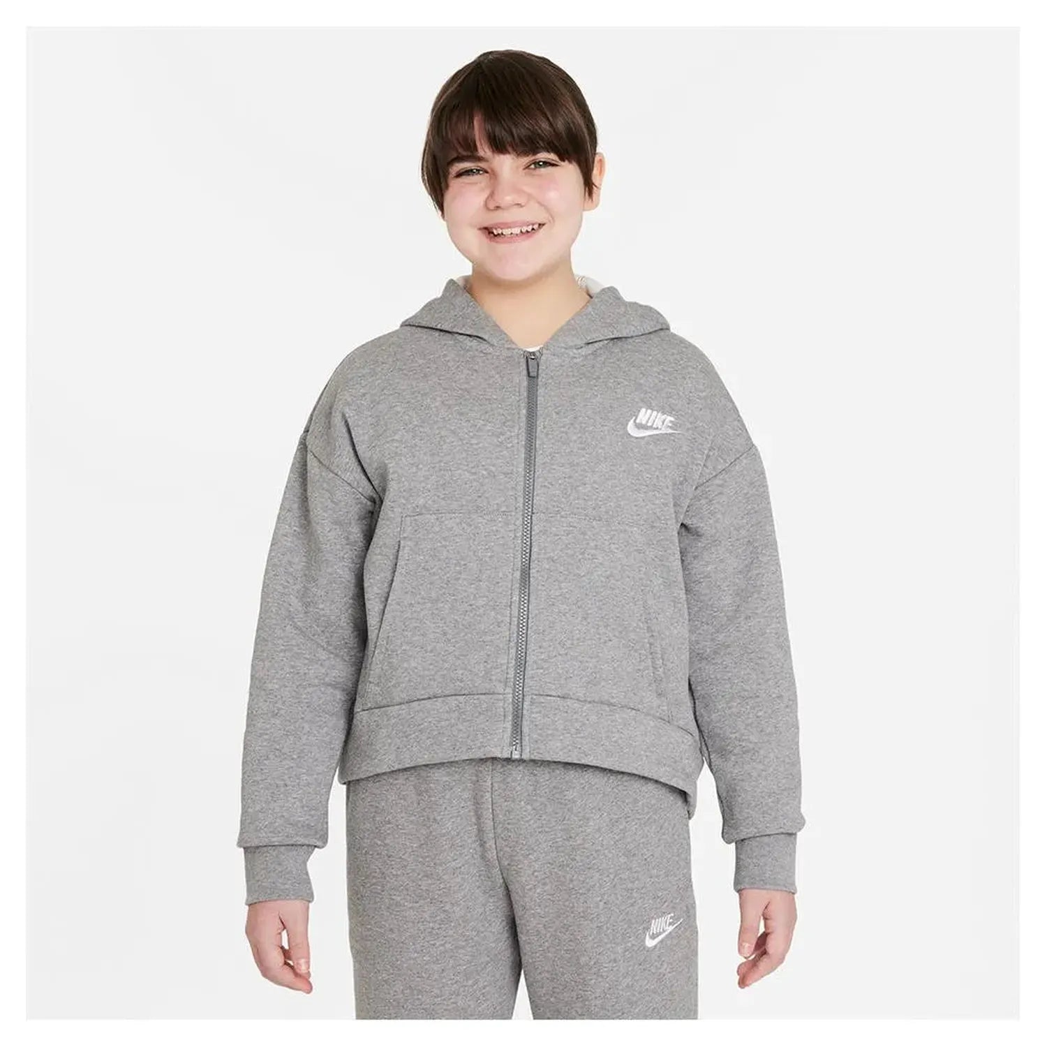 Girls' Sportswear Club Fleece Full-Zip Hoodie-Apparel-Nike-DC7118-091-PHS-Tennis Express