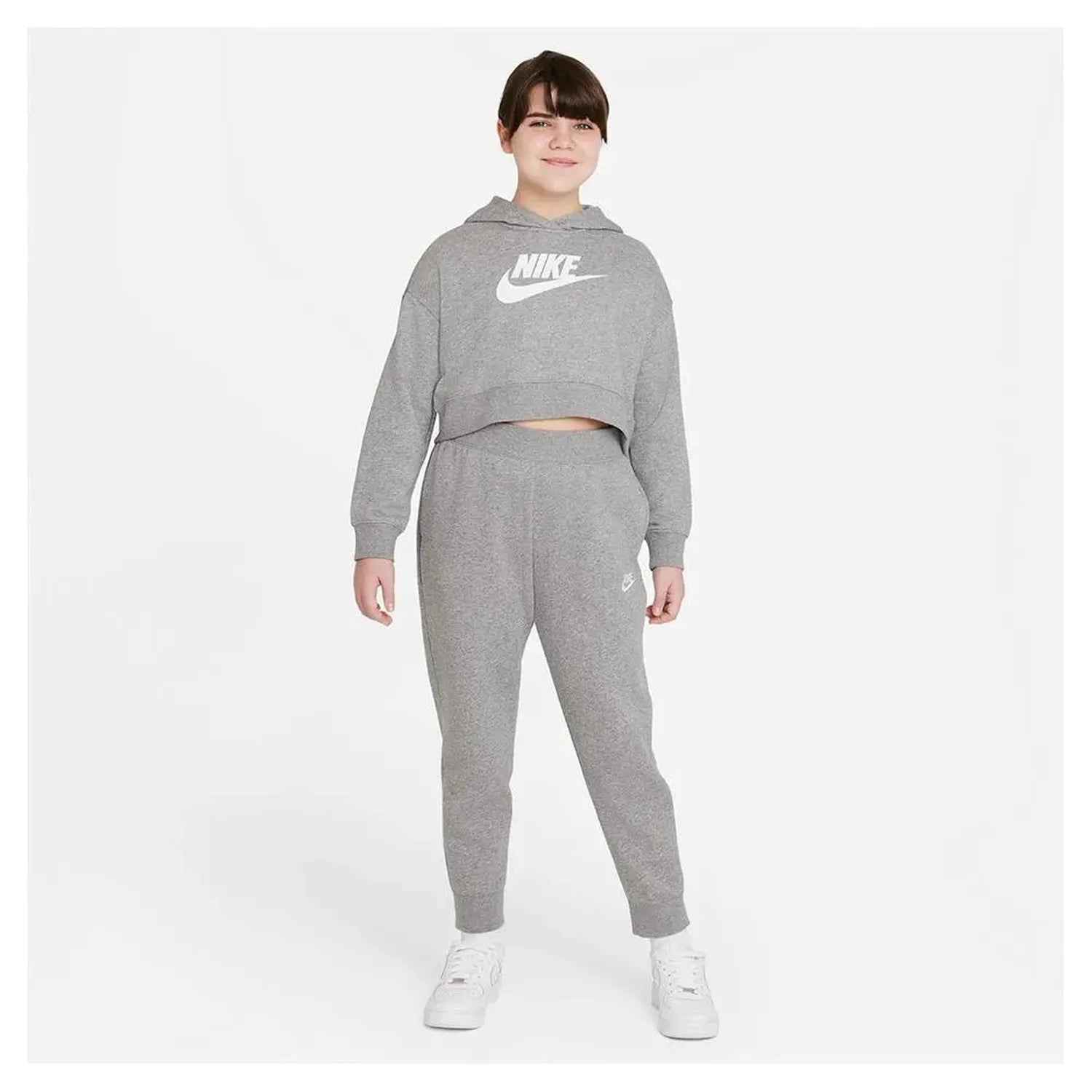 Girls' Sportswear Club French Terry Cropped Hoodie Carbon Heather and White-Apparel-Nike-DC7210-091-P-Tennis Express