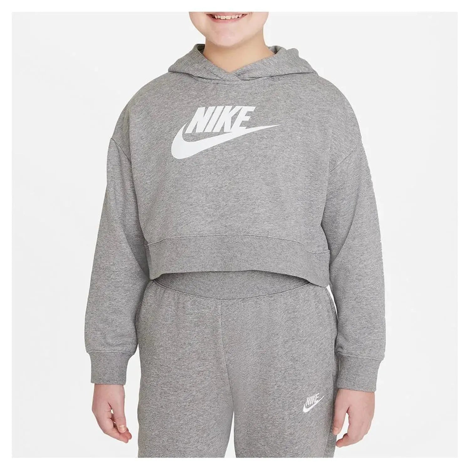 Girls' Sportswear Club French Terry Cropped Hoodie Carbon Heather and White-Apparel-Nike-DC7210-091-P1-Tennis Express