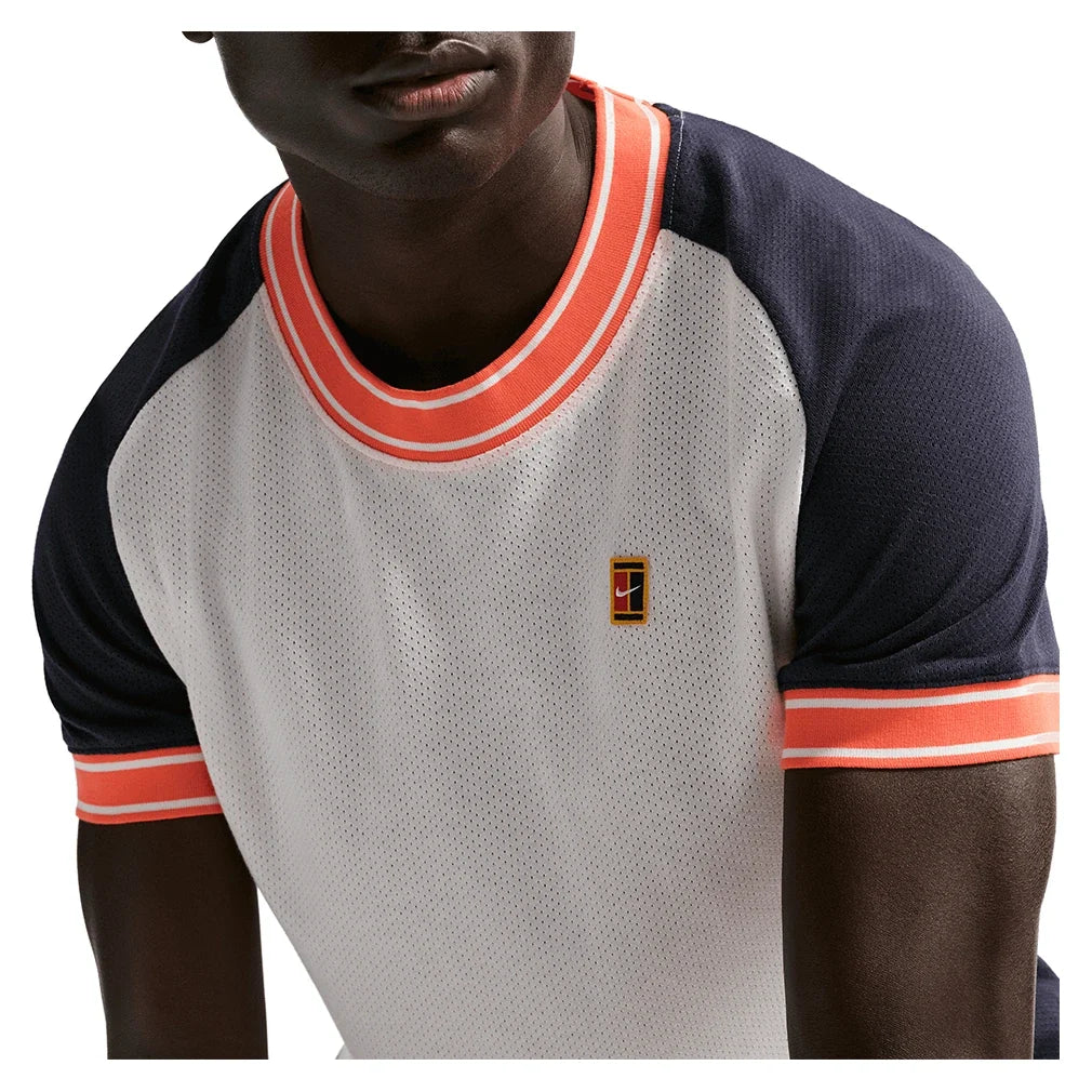 Men's Court Heritage Short Sleeve Tennis Top Sail and Dark Obsidian-Apparel-Nike-FN0318-133-6-Tennis Express