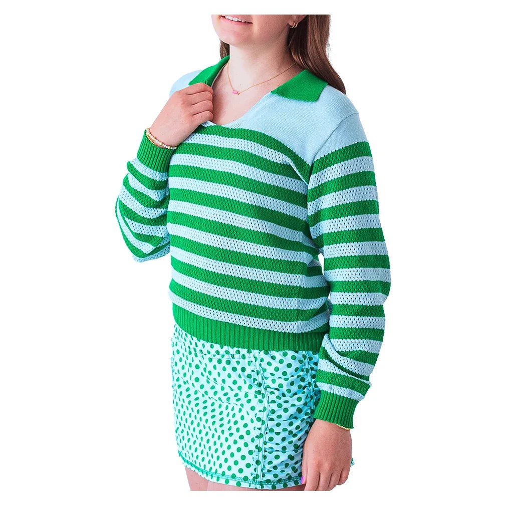 Women's Haley Tennis Sweater Green and Light Blue-Apparel-Bubble-HALS-GLB-Tennis Express