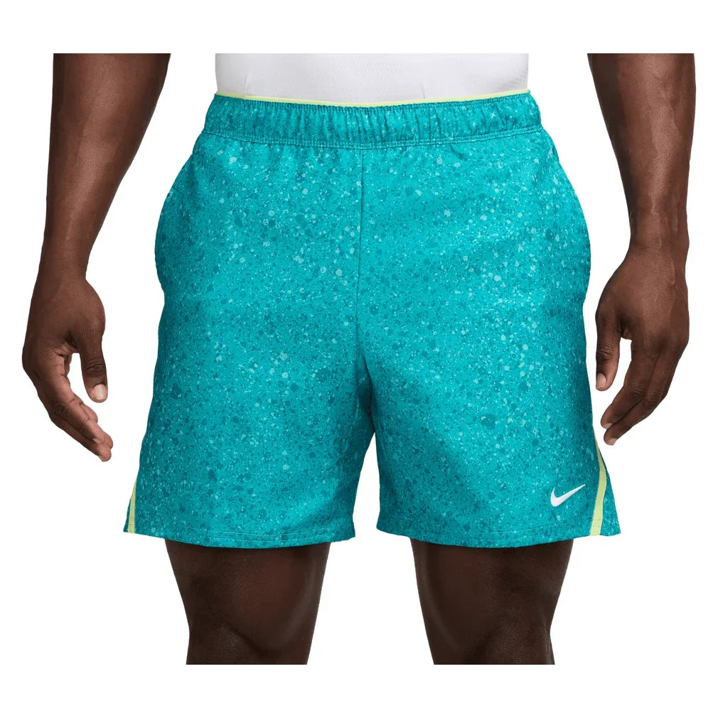 Men's Court Dri-FIT Victory 7 Inch All Over Print Tennis Short, Nike, 372 Bright Spruce/Lt Lemon Twist, Tennis Express, IB1080-H26-372-BRIGHT-SPRUCE-LT-LEMON-TWIST-1
