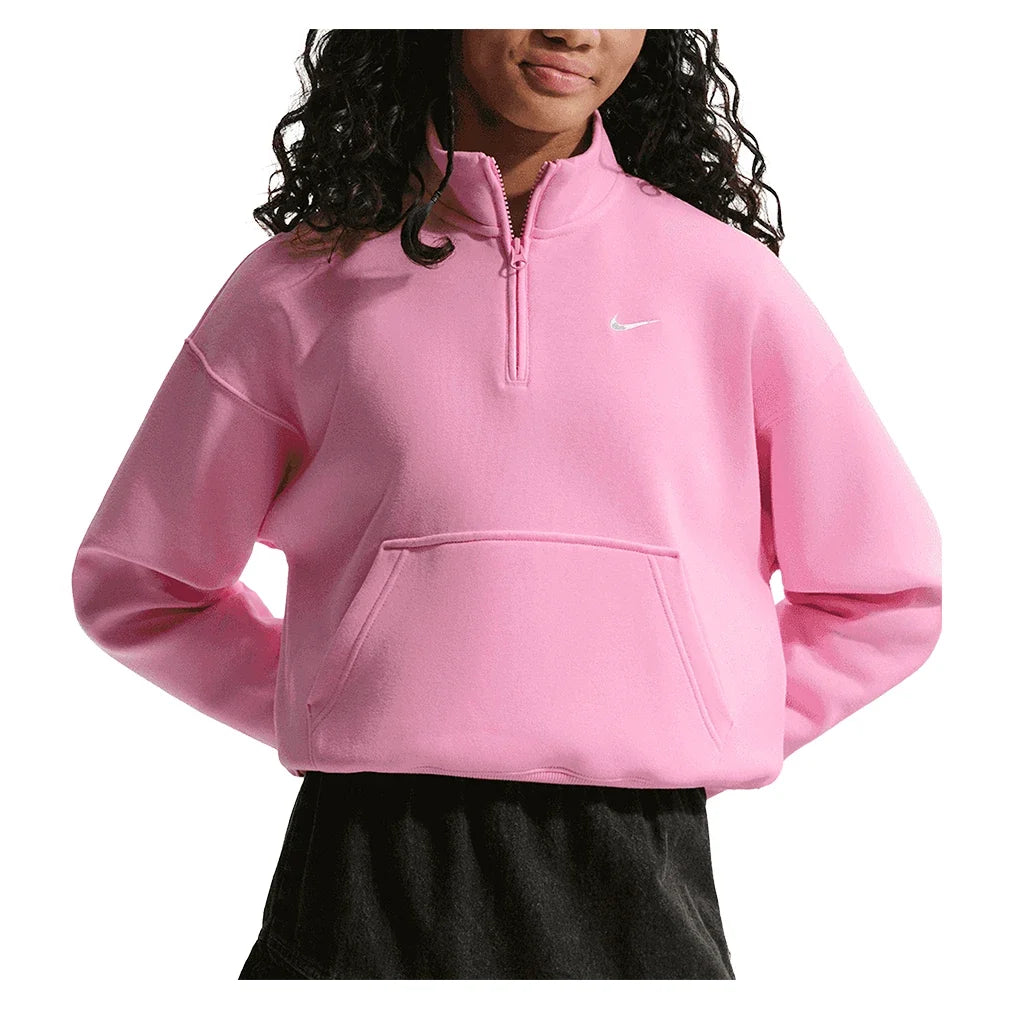 Girls' Sportswear Studio Fleece Oversized 1/4-Zip Top Black and White,Apparel,Nike,621 Pink Rise/White,XS,Tennis Express,IM4948-621