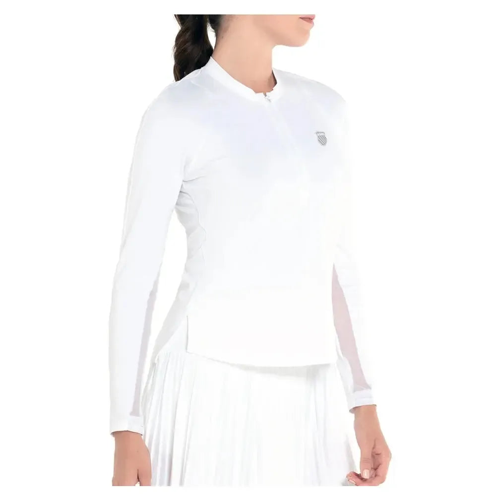 Women's Excel Zip Tennis Long Sleeve-Apparel-K-Swiss-KWT19-B-White-1-Tennis Express