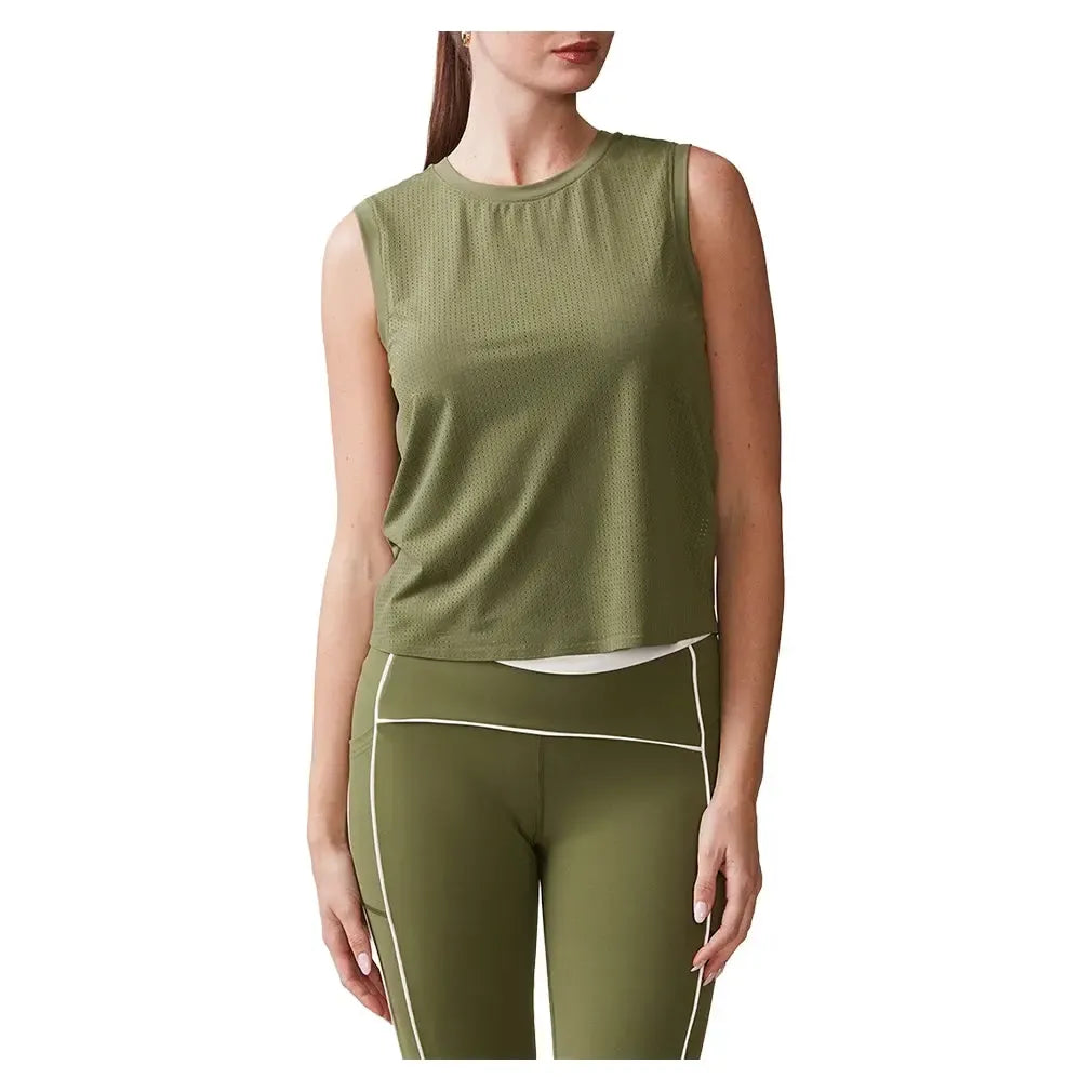 Women's Perforated Racer Tennis Tank Deep Olive-Apparel-Thrive Societe-TK4156714_DO-Tennis Express